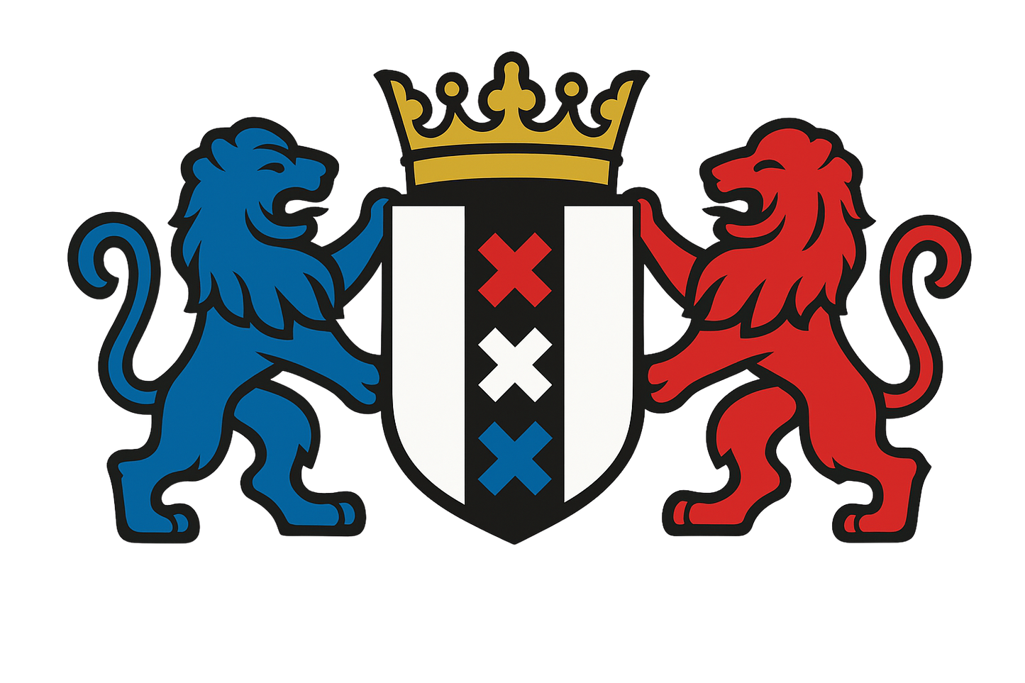 A crest with a vertical shield of three Xs (red, white, red), flanked by a blue lion and red lion, topped with a gold crown—showcasing Le Bloc Cognac's signature design on the durable Le Bloc Sticker Set.