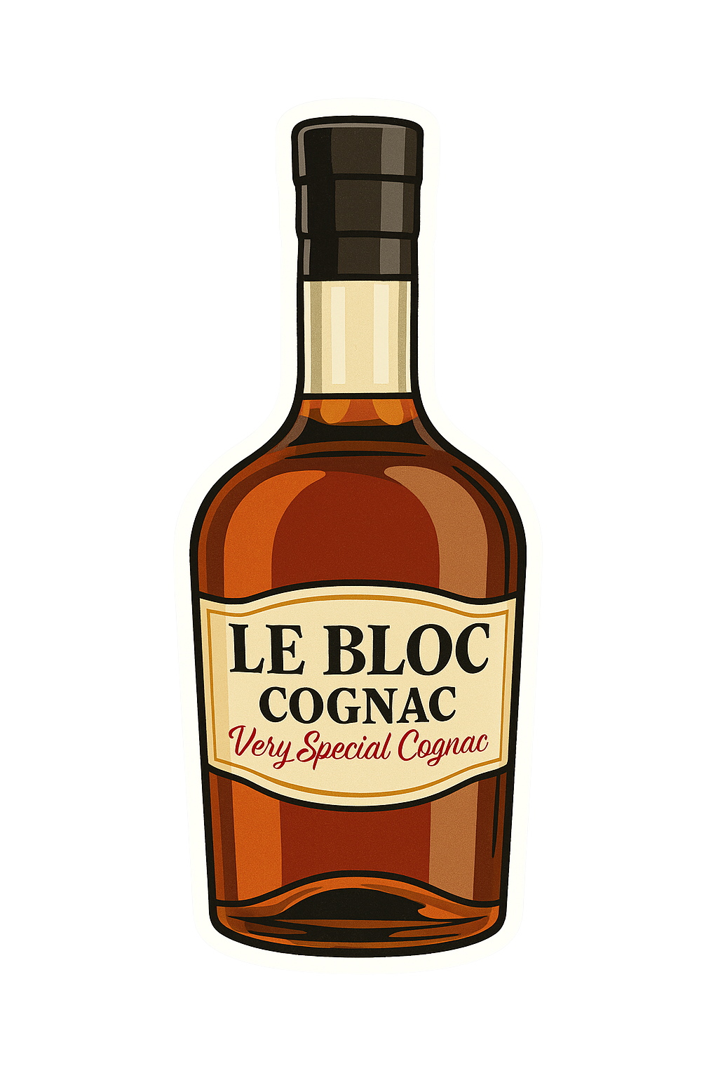 A brown glass bottle labeled "Le Bloc Cognac" with a gold label, black cap, and a Le Bloc Sticker from the Le Bloc Sticker Set—highlighting the brand's design—stands on a plain white background.