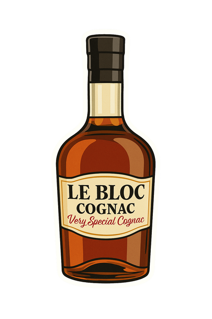 A brown glass bottle labeled "Le Bloc Cognac" with a gold label, black cap, and a Le Bloc Sticker from the Le Bloc Sticker Set—highlighting the brand's design—stands on a plain white background.