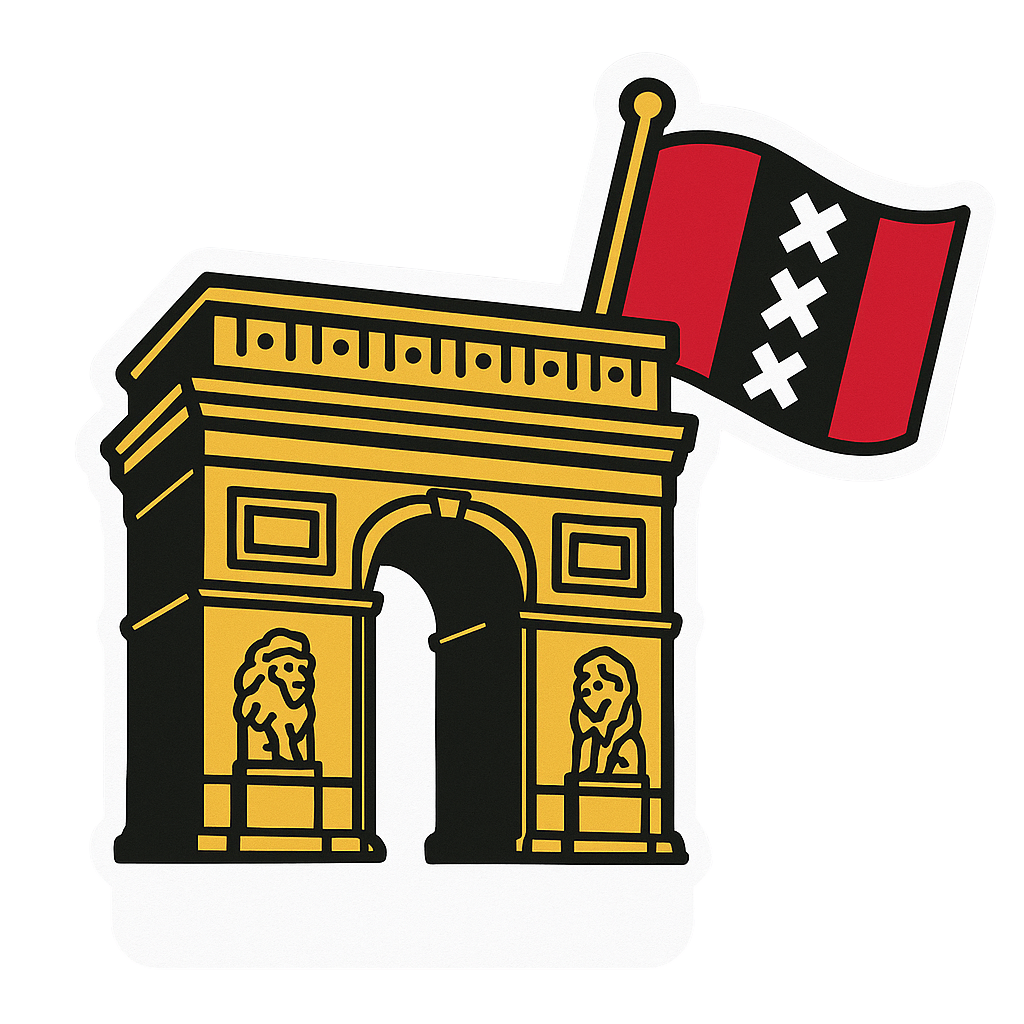 A signature Le Bloc Cognac design—a golden triumphal arch with two lions and a red flag with three white Xs—now available as a durable Le Bloc Sticker Set.