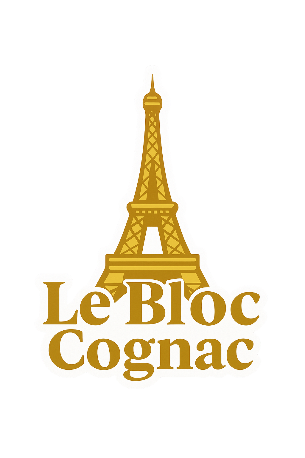 A gold Eiffel Tower illustration above bold gold "Le Bloc Cognac" text on light gray—a signature design from the Le Bloc Sticker Set by Le Bloc Cognac, perfect for durable stickers.