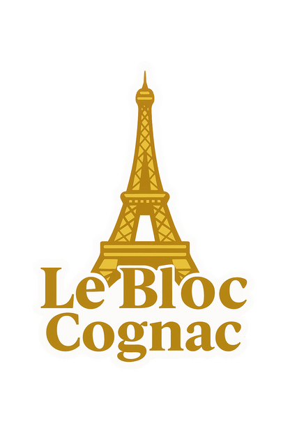 A gold Eiffel Tower illustration above bold gold "Le Bloc Cognac" text on light gray—a signature design from the Le Bloc Sticker Set by Le Bloc Cognac, perfect for durable stickers.