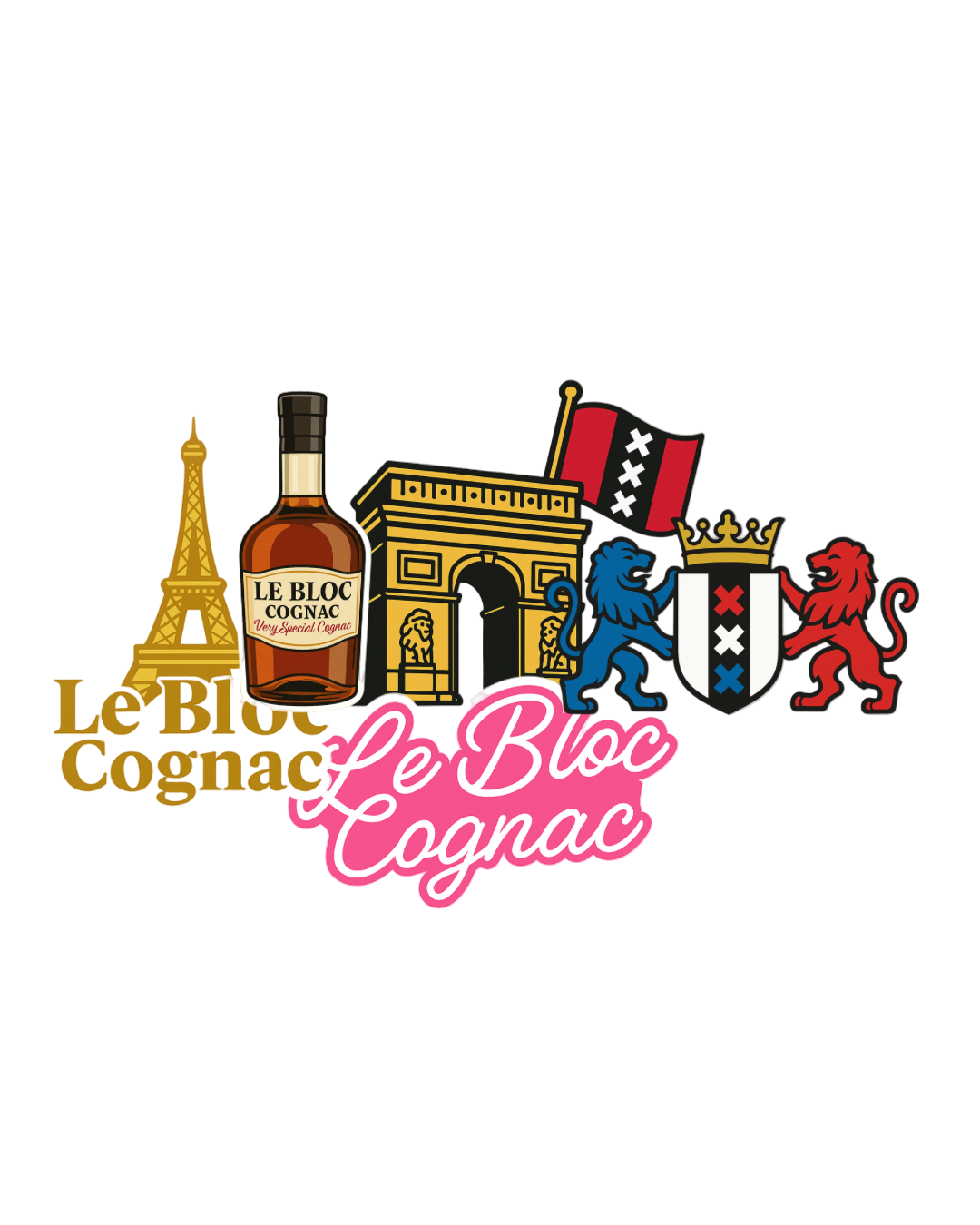 The Le Bloc Sticker Set by Le Bloc Cognac features signature designs: a cognac bottle labeled "Le Bloc Cognac," the Eiffel Tower, Arc de Triomphe, two lions, a city emblem with three X’s, and gold-and-pink "Le Bloc Cognac" accents.