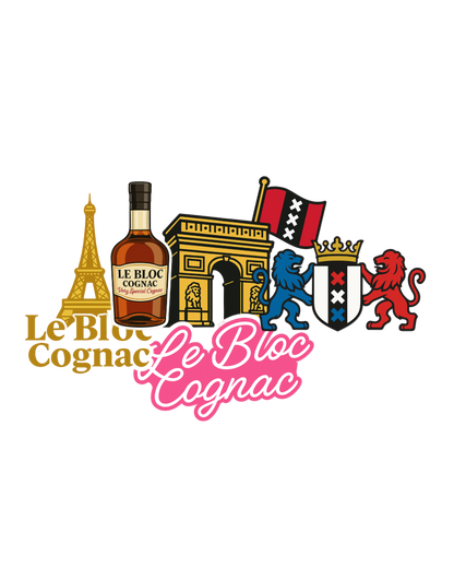 The Le Bloc Sticker Set by Le Bloc Cognac features signature designs: a cognac bottle labeled "Le Bloc Cognac," the Eiffel Tower, Arc de Triomphe, two lions, a city emblem with three X’s, and gold-and-pink "Le Bloc Cognac" accents.